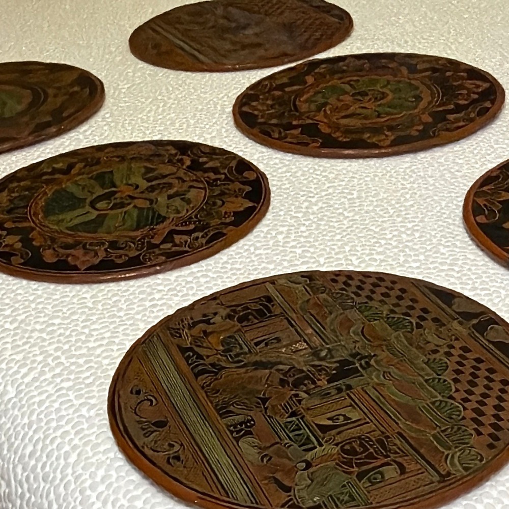 Vintage Burmese Lacquerware Coaster Set 6pc Hand Carved Wood Bird Fish 4in Trays